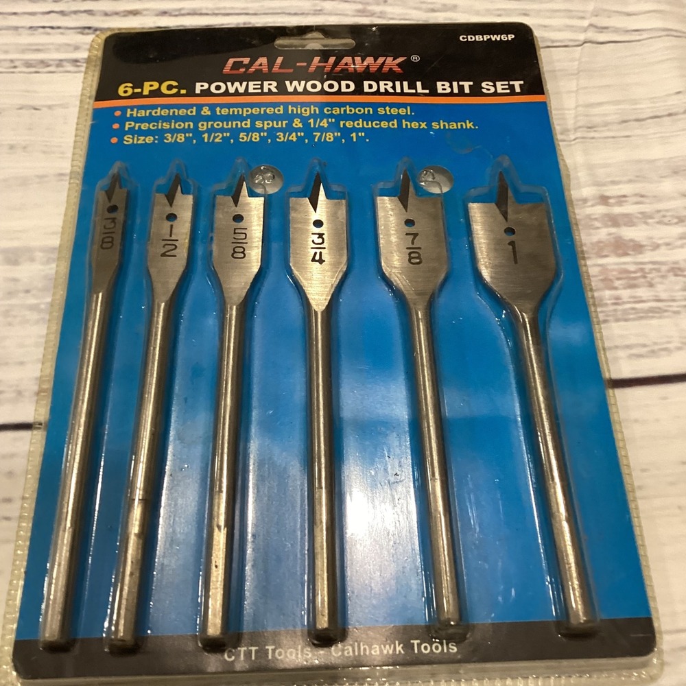 Cal-Hawk 6-Pc Power Wood Drill Bit Set Carbon Steel Spade Bits CDBPW6P Hex Shank